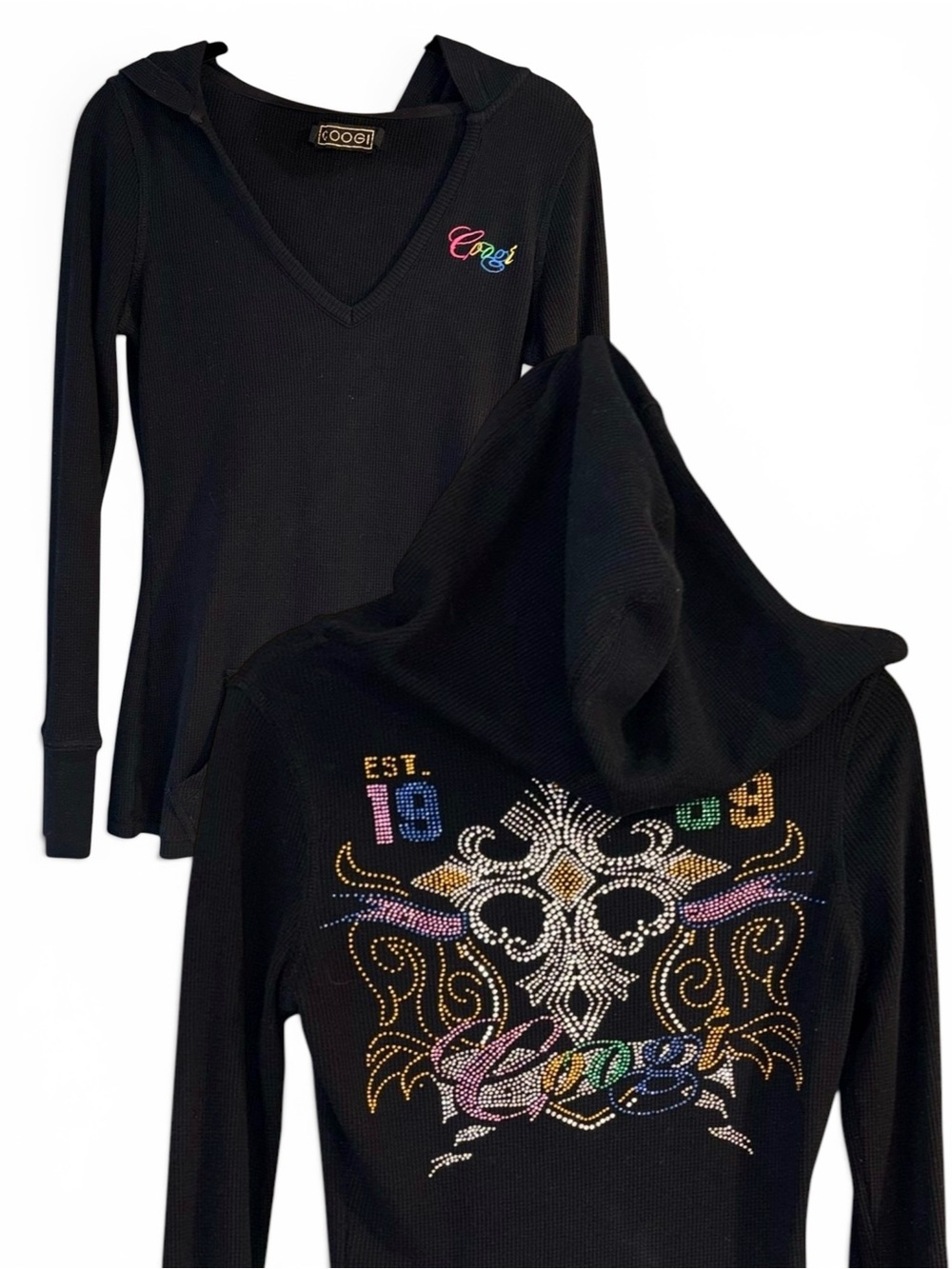COOGIE Black Waffle Knit Hooded Thermal Long Sleeve Rhinestone Y2K Shirt Sz L